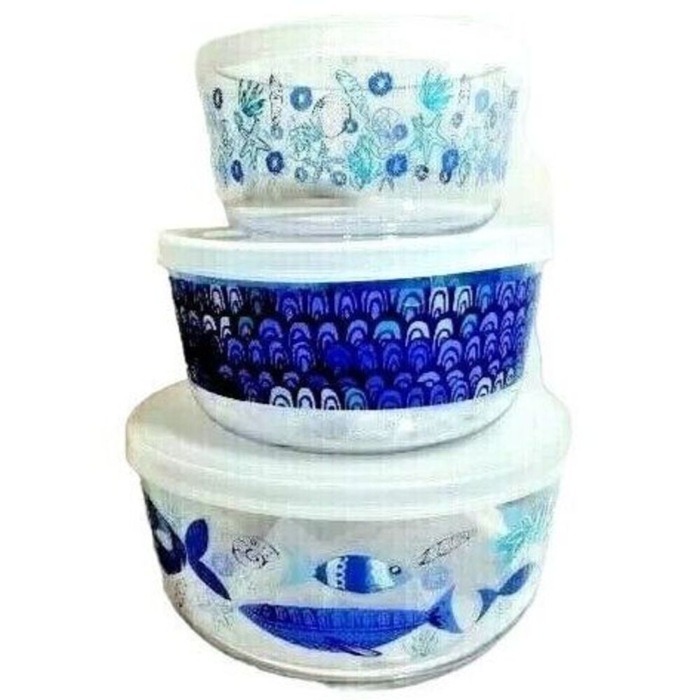 Nautical Fish Nesting Bowls 3-pc Clear Acrylic Plastic Lids BPA Free Gift NEW
